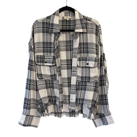 Elan Size S Metallic Plaid Black White Button Down Top Shirt Raw Hem Relaxed Fit - Picture 10 of 10